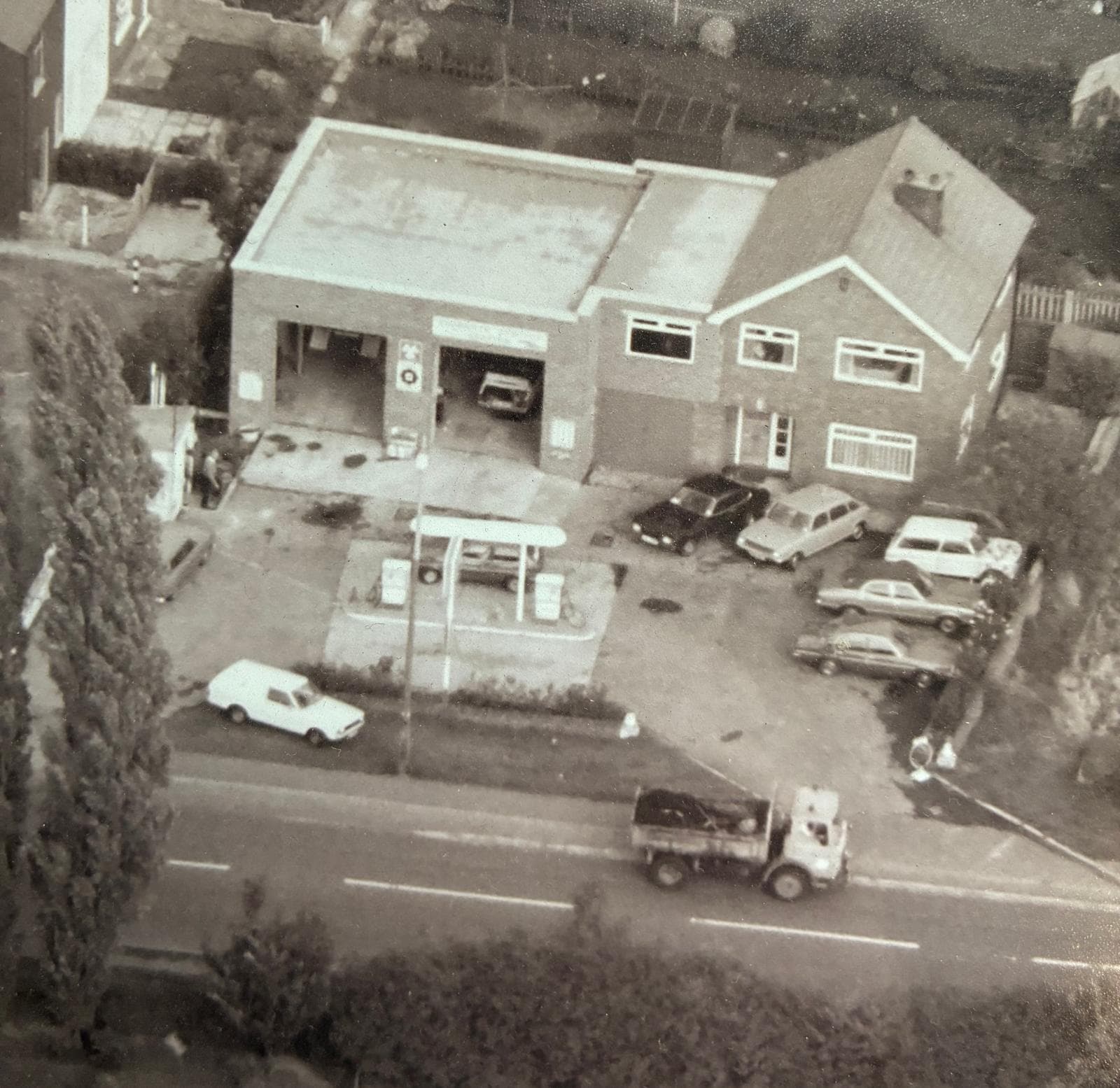 Aerial view of Fairways in the 1980s showing the original petrol pumps