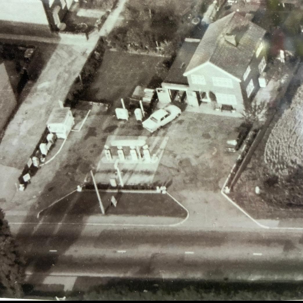 Aerial photo of Fairways Service Station in the 1960s showing the original petrol station